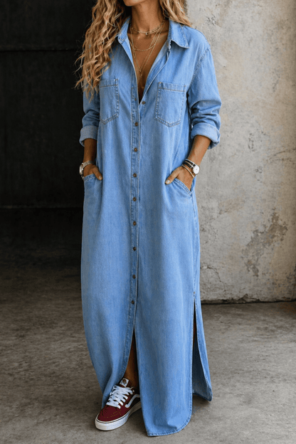 Button down dress with a relaxed fit, showcasing effortless casual style, perfect for everyday wear and versatile occasions. 2