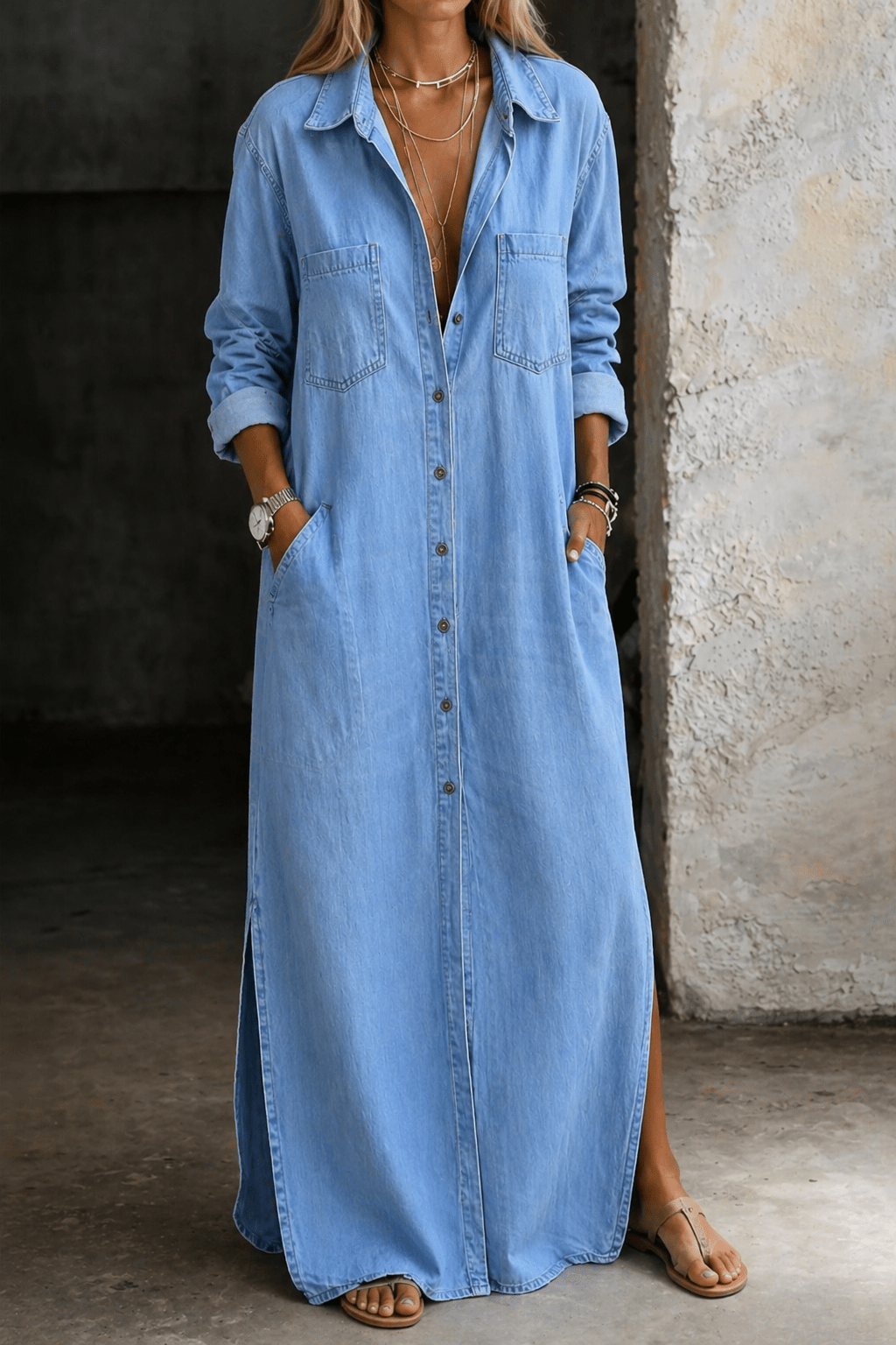 Button down dress with a relaxed fit, showcasing effortless casual style, perfect for everyday wear and versatile occasions. 0