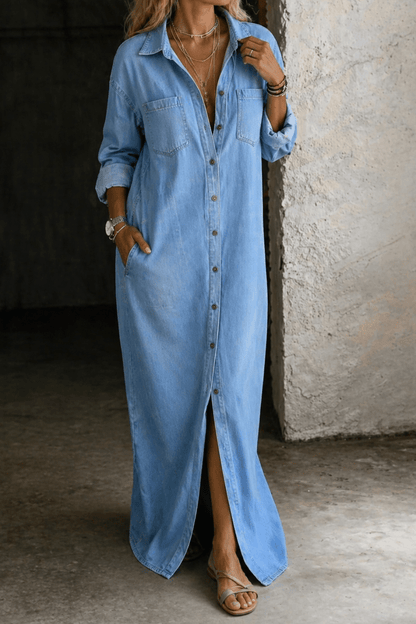 Button down dress with a relaxed fit, showcasing effortless casual style, perfect for everyday wear and versatile occasions. 1