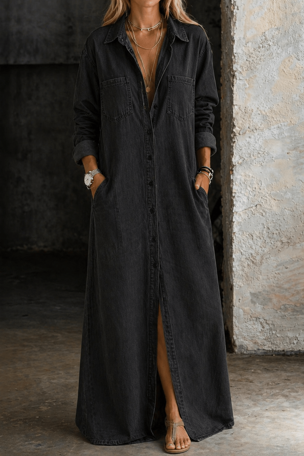 Button down dress with a relaxed fit, showcasing effortless casual style, perfect for everyday wear and versatile occasions. 3