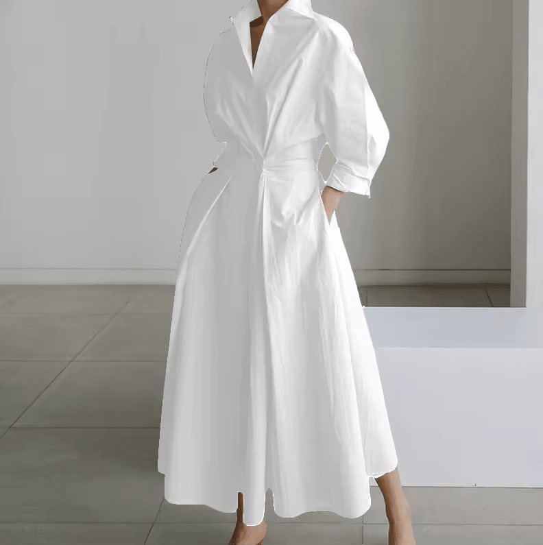 Button-Down Shirt Dress with Cinched Waist – Classic Design for Women – Versatile White Linen Shirt Dress 3