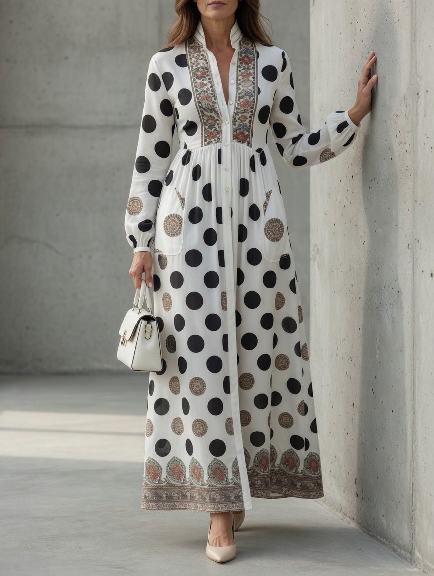 Button-front maxi dress with long cuffed sleeves and side pockets, featuring a stylish polka dot print for women. 3