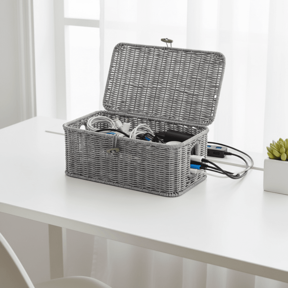 Cable Organizer Box with Lid in Woven Style Design for Home Office Storage, Perfect for Keeping Cords Tidy and Clutter-Free. 1