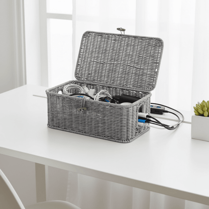 Cable Organizer Box with Lid in Woven Style Design for Home Office Storage, Perfect for Keeping Cords Tidy and Clutter-Free. 1