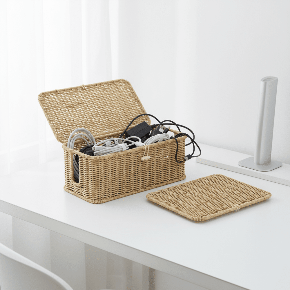 Cable Organizer Box with Lid in Woven Style Design for Home Office Storage, Perfect for Keeping Cords Tidy and Clutter-Free. 5