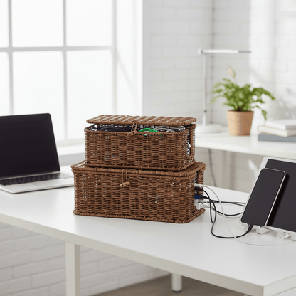 Cable Organizer Box with Lid in Woven Style Design for Home Office Storage, Perfect for Keeping Cords Tidy and Clutter-Free. 3