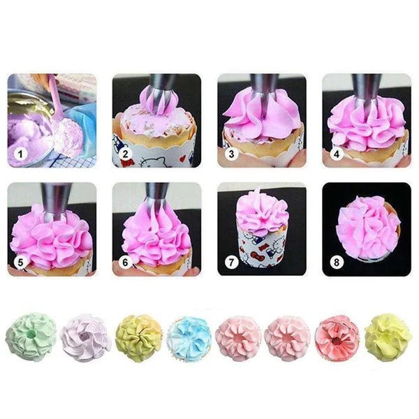 Cake Decorating Kit featuring stainless steel nozzles and piping bags, 8-piece set ideal for creating beautiful cupcakes and cakes. 5