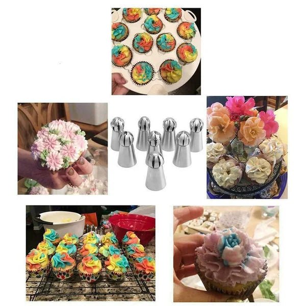 Cake Decorating Kit featuring stainless steel nozzles and piping bags, 8-piece set ideal for creating beautiful cupcakes and cakes. 6