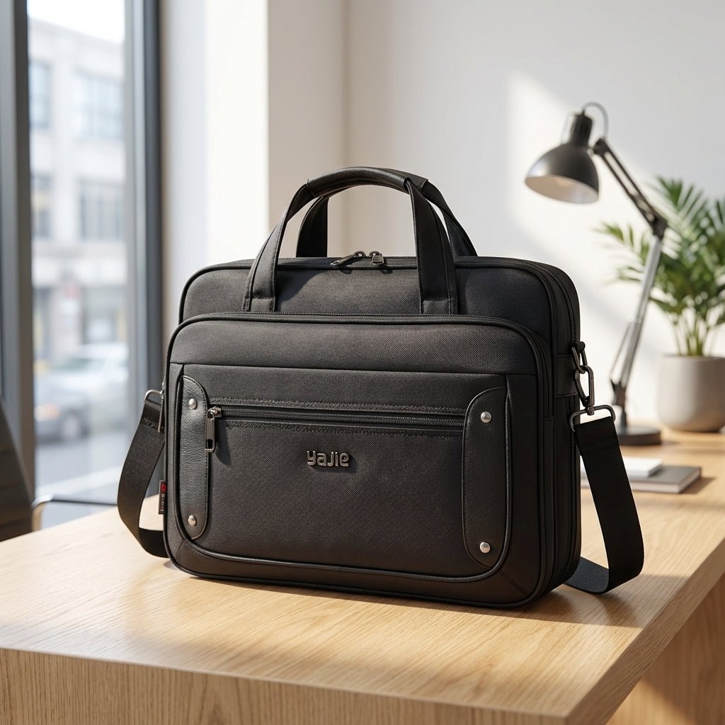 Canvas laptop bag featuring a multi-pocket design and adjustable strap, suitable for 14 to 19 inch laptops, ideal for work or travel. 1