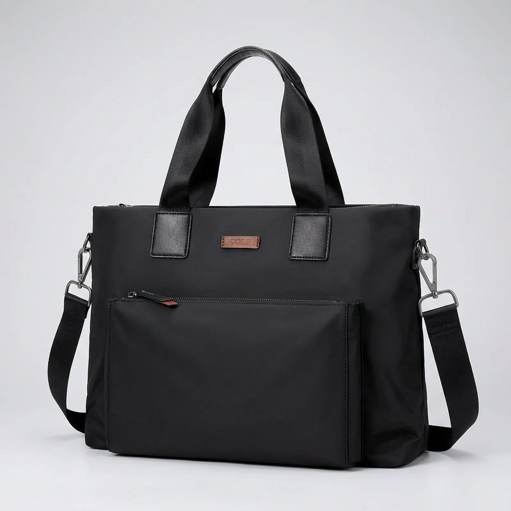 Gray and black canvas laptop bag featuring spacious compartments and an adjustable strap, designed for business commuters and men on the go. 4