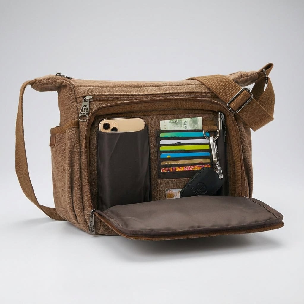 Canvas messenger bag featuring RFID blocking technology, multiple compartments for organization, and a durable waxed design for everyday use. 2