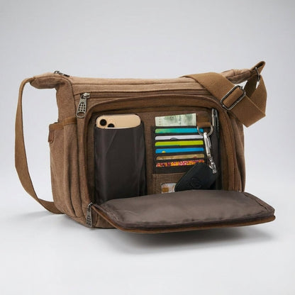 Canvas messenger bag featuring RFID blocking technology, multiple compartments for organization, and a durable waxed design for everyday use. 2