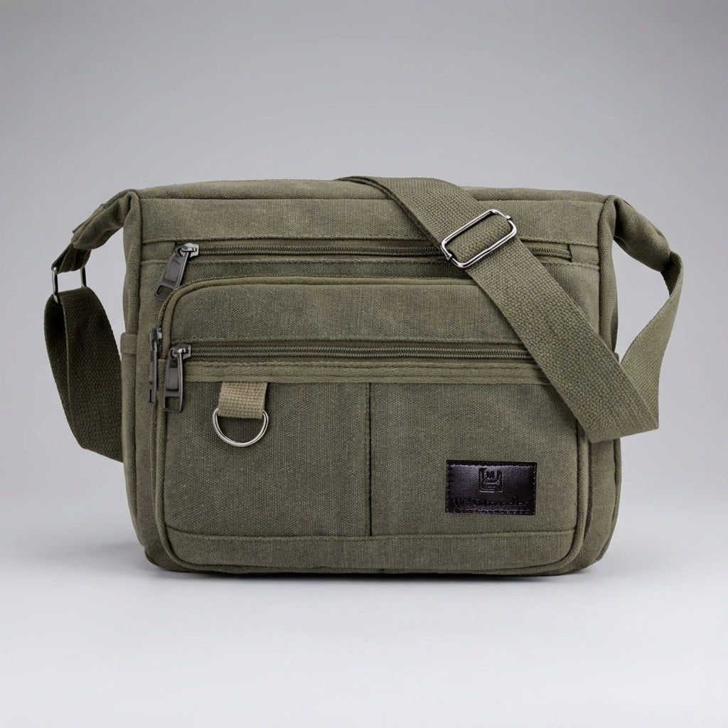 Canvas messenger bag featuring RFID blocking technology, multiple compartments for organization, and a durable waxed design for everyday use. 0