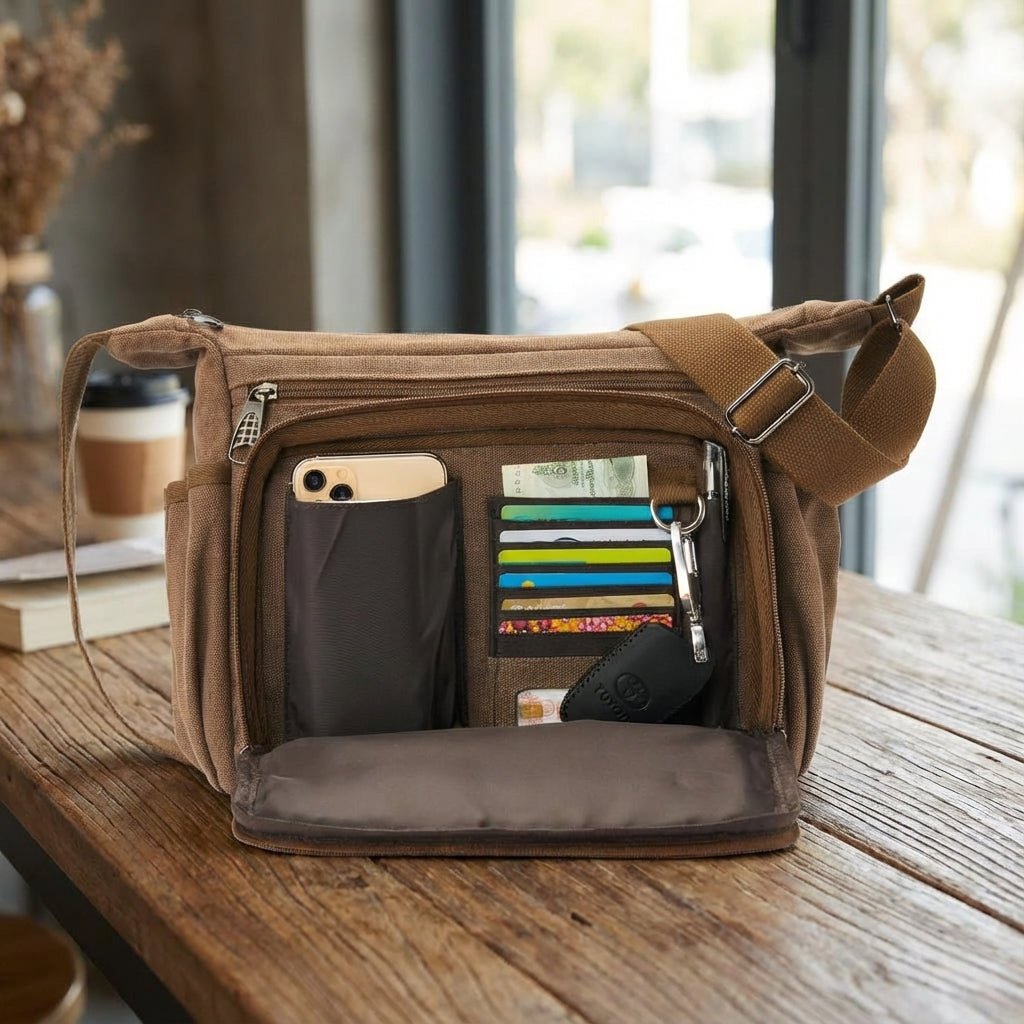 Canvas messenger bag featuring RFID blocking technology, multiple compartments for organization, and a durable waxed design for everyday use. 1