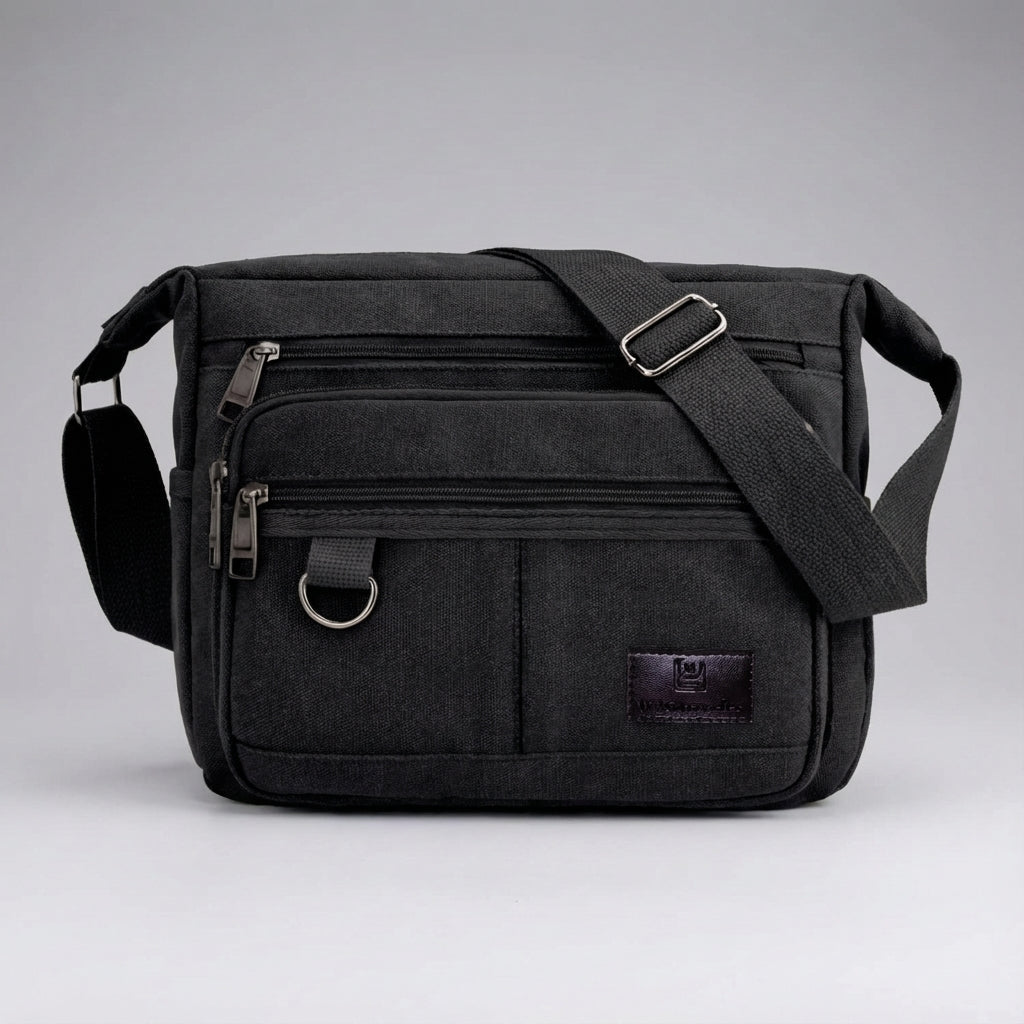 Canvas messenger bag featuring RFID blocking technology, multiple compartments for organization, and a durable waxed design for everyday use. 4
