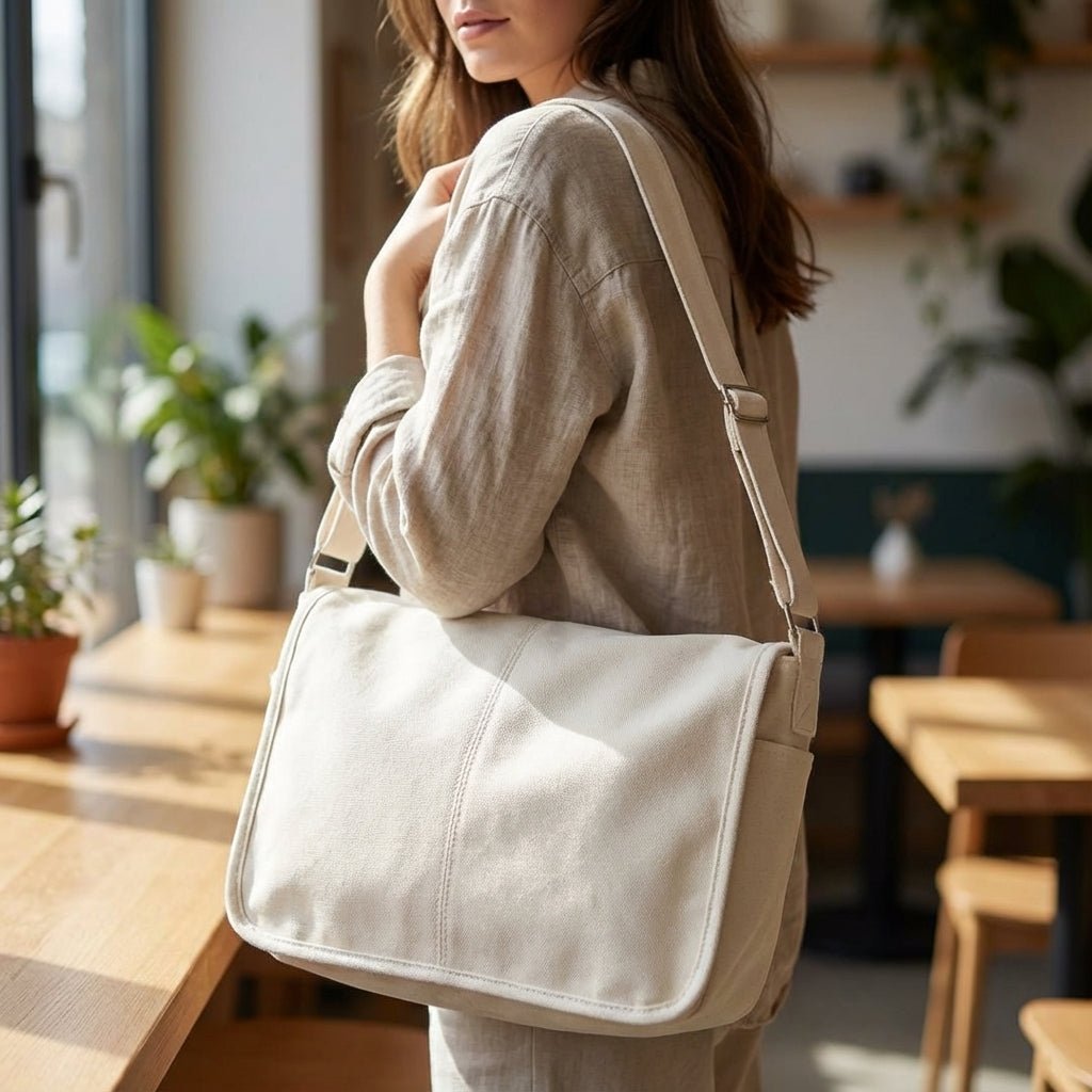 Canvas shoulder bag featuring an adjustable strap and spacious compartments, made from durable cotton polyester, ideal for everyday use and travel. 1