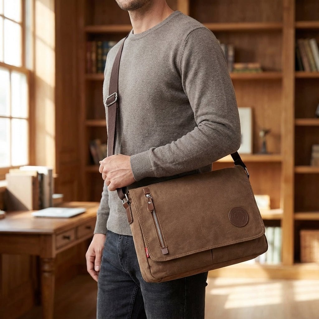 Canvas shoulder bag featuring a padded tablet compartment, designed for waterproof and scratch-resistant durability, ideal for everyday use and travel. 1