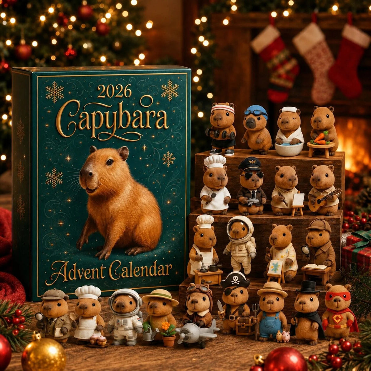 Capybara Advent Calendar 2026 featuring 24 festive figurines for kids, designed for a fun Christmas countdown experience. 0