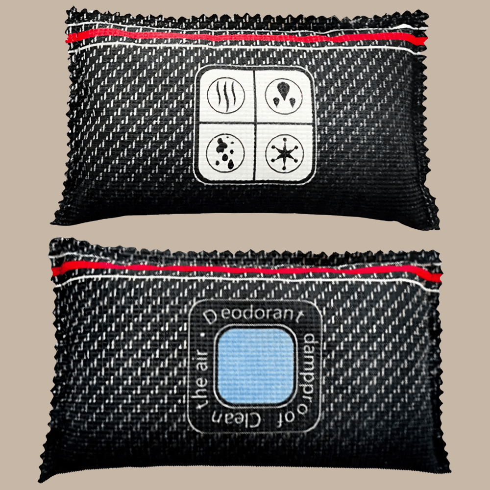 Car dehumidifier bag made of reusable silica gel, designed for effective moisture absorption and odor control, compact size for easy placement in vehicles. 1