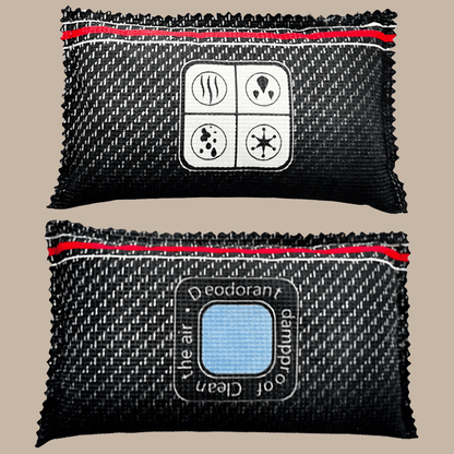 Car dehumidifier bag made of reusable silica gel, designed for effective moisture absorption and odor control, compact size for easy placement in vehicles. 1