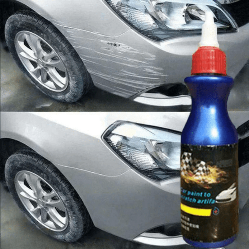 Car Scratch Remover with Polishing Pad featuring a non-abrasive formula designed for easy repair of car paint scratches, showcasing its effective application on a 0