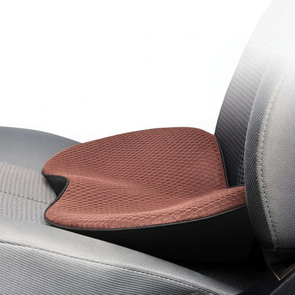 Car seat cushion with memory foam for comfort and posture support, featuring an ergonomic design and breathable fabric for enhanced driving experience. 2