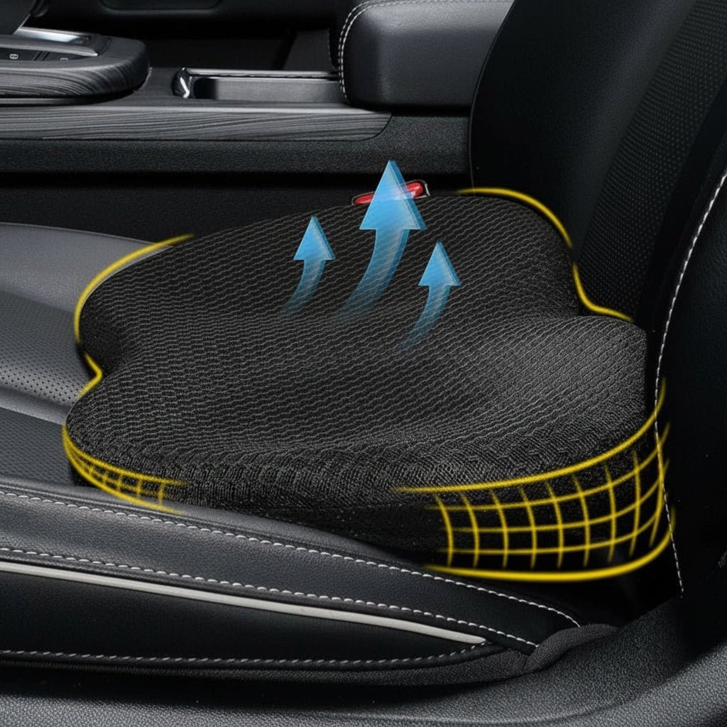 Car seat cushion with memory foam for comfort and posture support, featuring an ergonomic design and breathable fabric for enhanced driving experience. 0