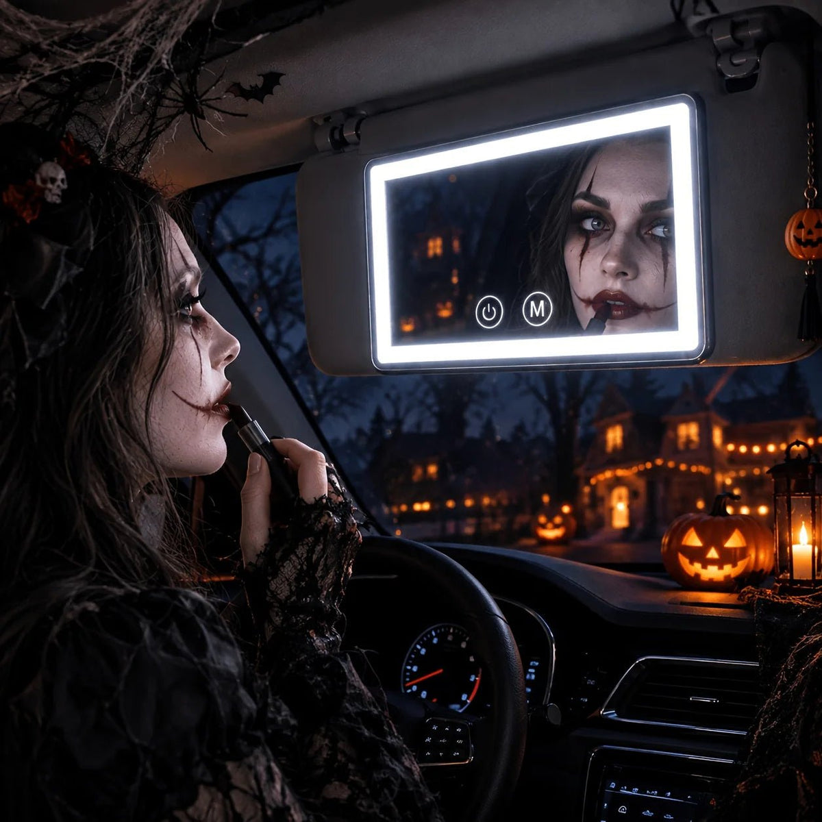 Car visor mirror with dimmable LED lighting, adjustable makeup mirror for on-the-go grooming, featuring a sleek black plastic and glass design. 3