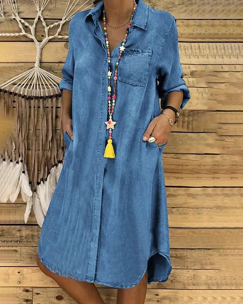 Casual Denim Shirt Dress with Relaxed Fit and Pockets – Stylish Everyday Dress for Women 0