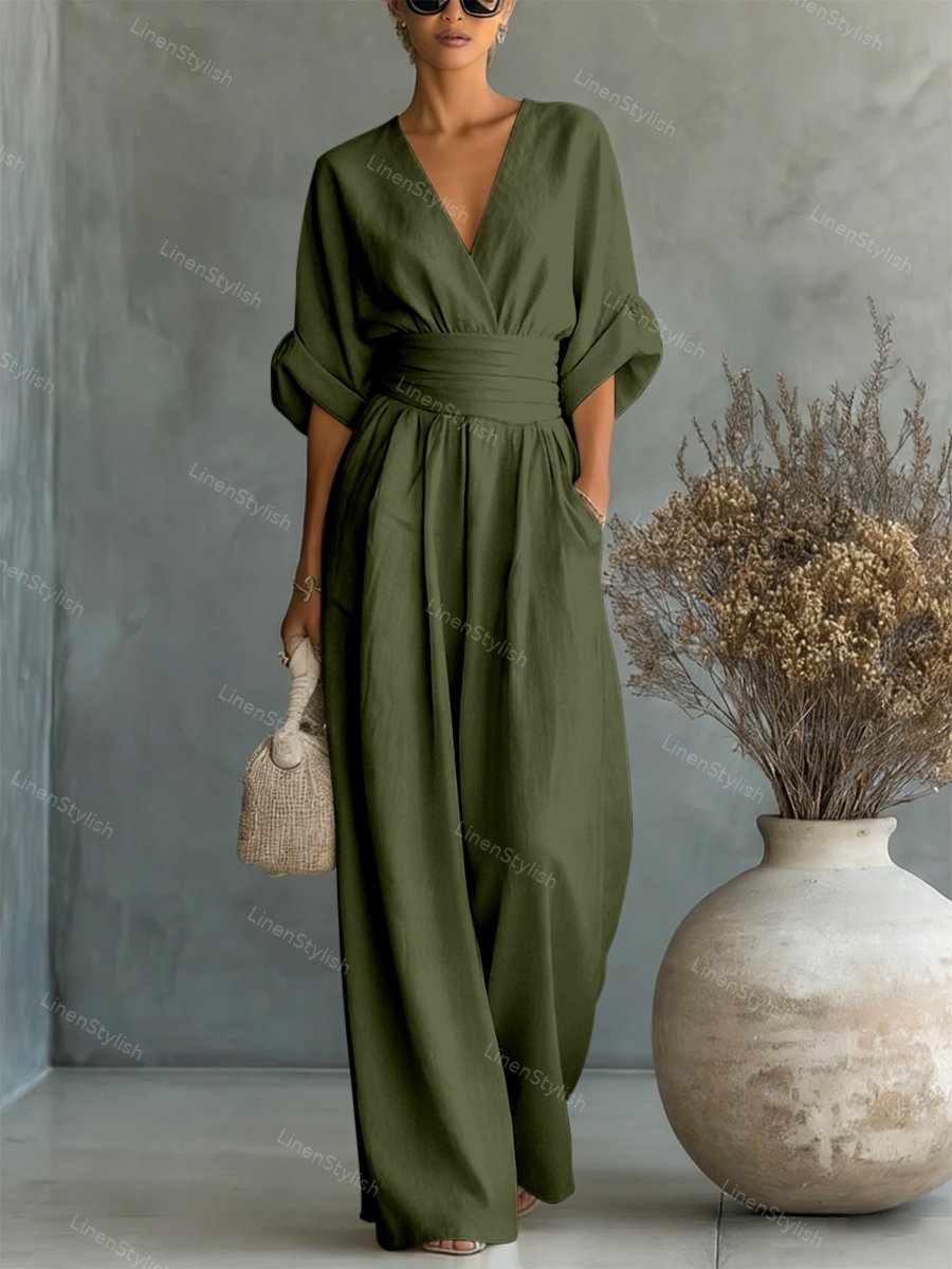 Casual V-Neck Jumpsuit for Women featuring a flattering waistline, made from soft and comfortable fabric, available in black and white options. 12