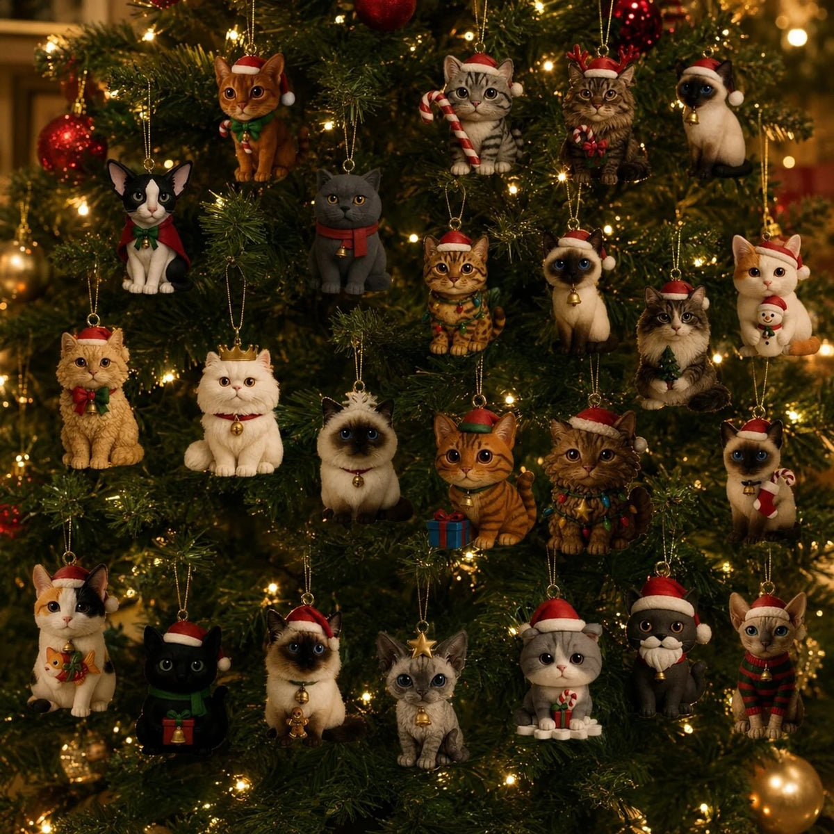 Cat Advent Calendar 2026 featuring 24 flat plastic ornaments for Christmas countdown, designed with festive cat-themed decorations. 5