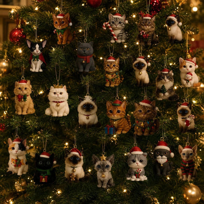 Cat Advent Calendar 2026 featuring 24 flat plastic ornaments for Christmas countdown, designed with festive cat-themed decorations. 5