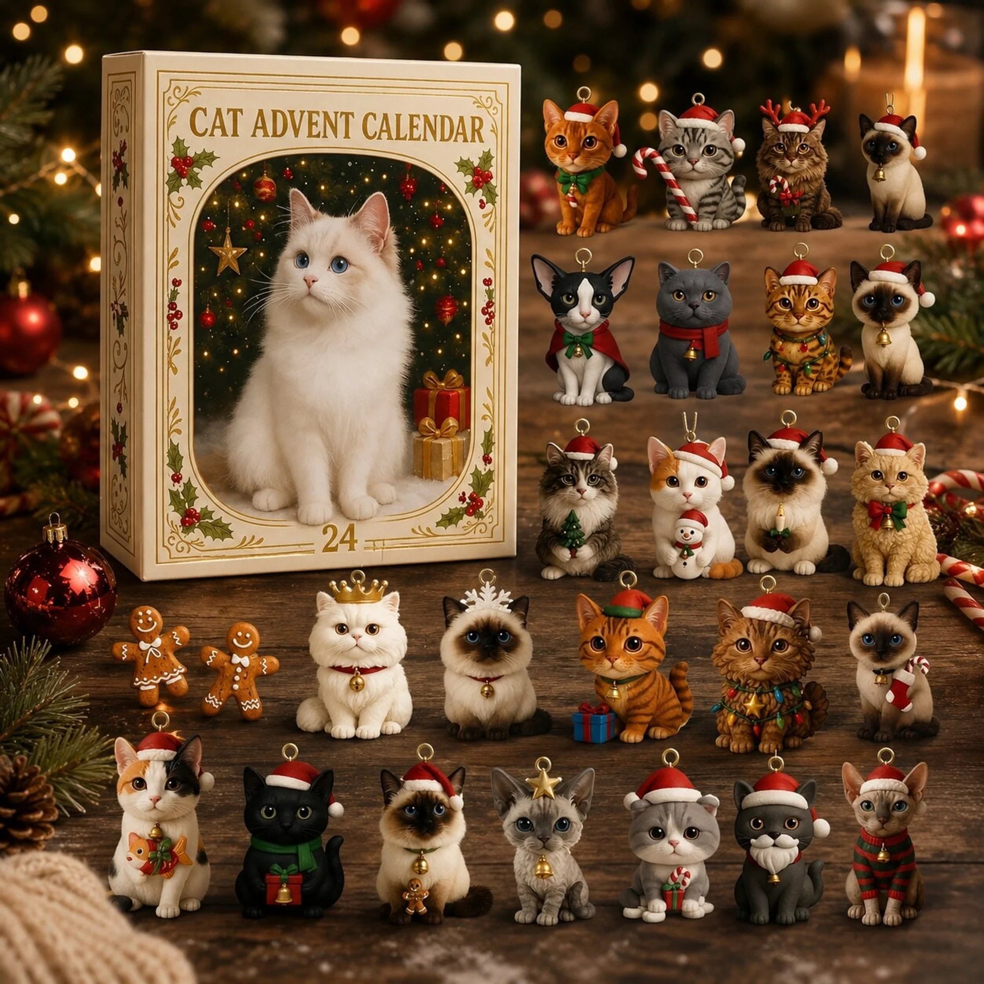Cat Advent Calendar 2026 featuring 24 flat plastic ornaments for Christmas countdown, designed with festive cat-themed decorations. 0