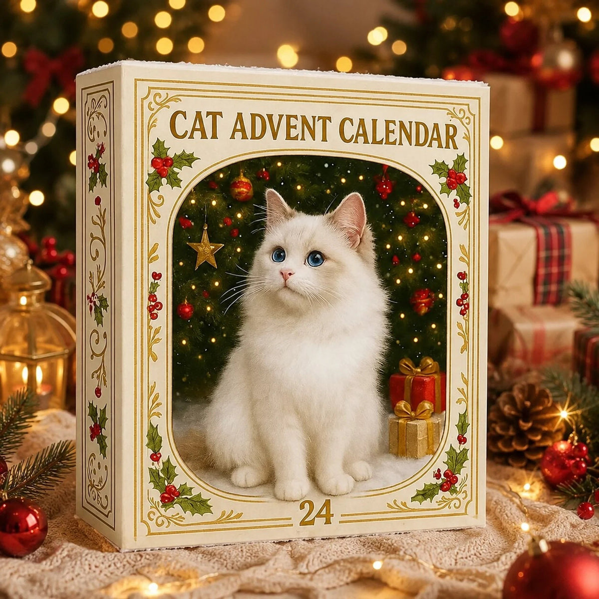 Cat Advent Calendar 2026 featuring 24 flat plastic ornaments for Christmas countdown, designed with festive cat-themed decorations. 4