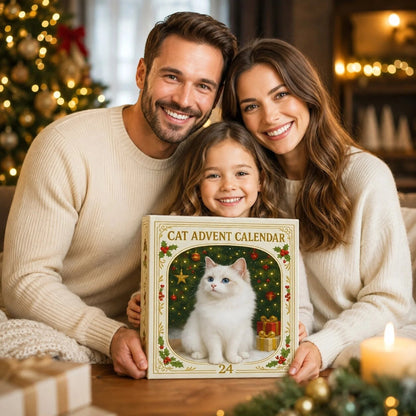 Cat Advent Calendar 2026 featuring 24 flat plastic ornaments for Christmas countdown, designed with festive cat-themed decorations. 1