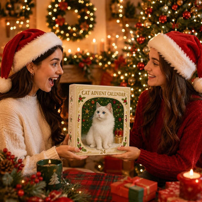 Cat Advent Calendar 2026 featuring 24 flat plastic ornaments for Christmas countdown, designed with festive cat-themed decorations. 2