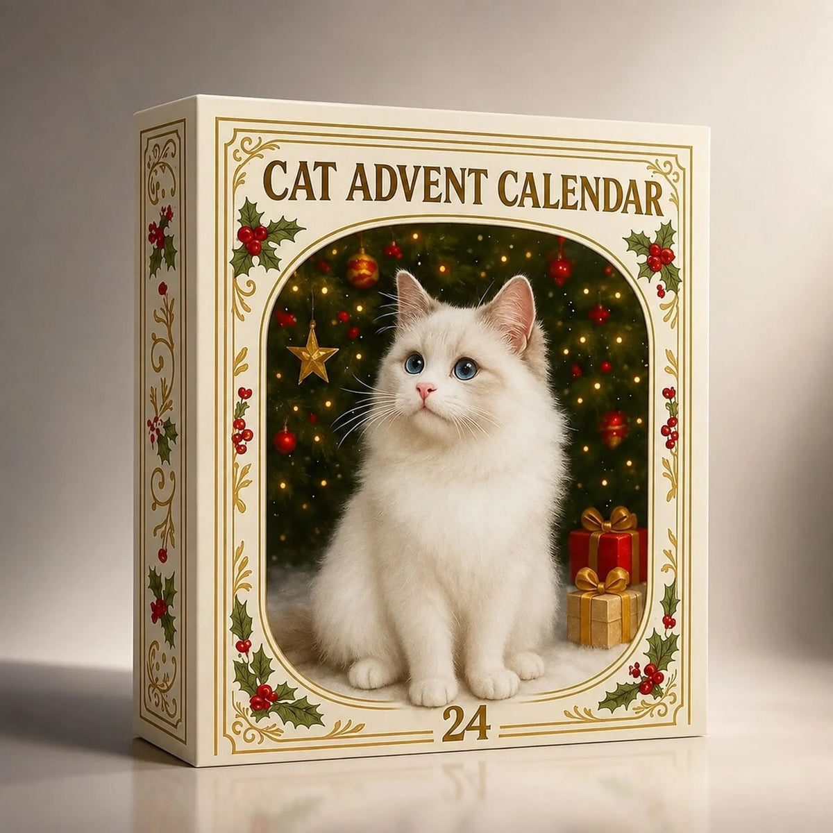 Cat Advent Calendar 2026 featuring 24 flat plastic ornaments for Christmas countdown, designed with festive cat-themed decorations. 6