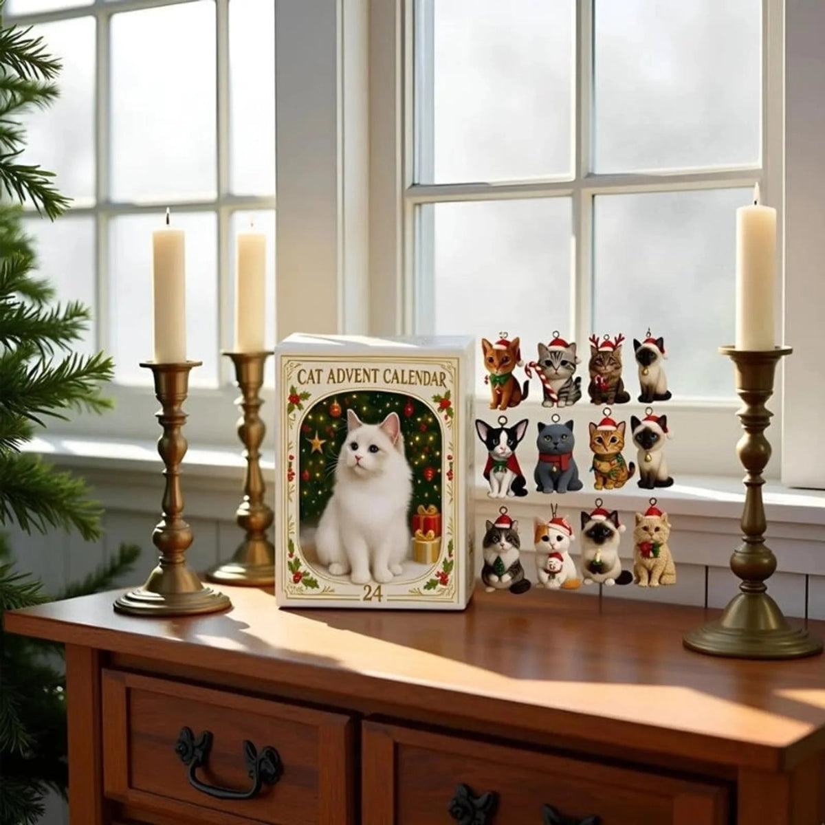 Cat Advent Calendar featuring 24 festive toys for Christmas countdown, beautifully designed decorative holiday box for cats. 2