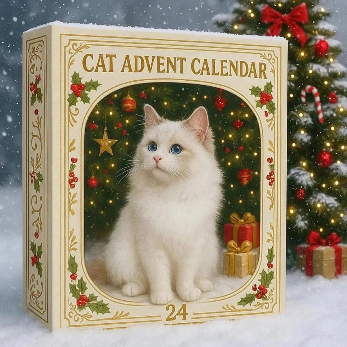 Cat Advent Calendar featuring 24 festive toys for Christmas countdown, beautifully designed decorative holiday box for cats. 1