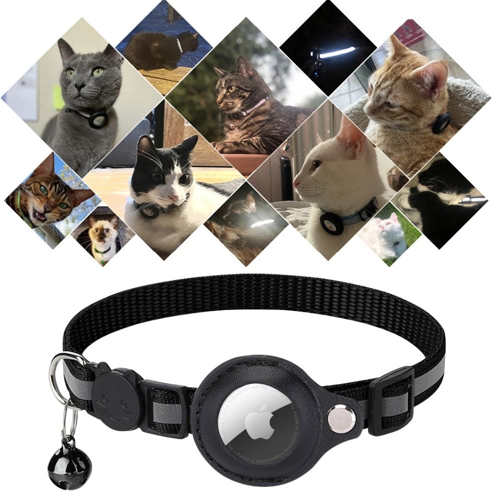 Cat collar featuring a built-in GPS tracker pocket, reflective design for visibility, quick-release safety lock, and a bell for added safety. 4
