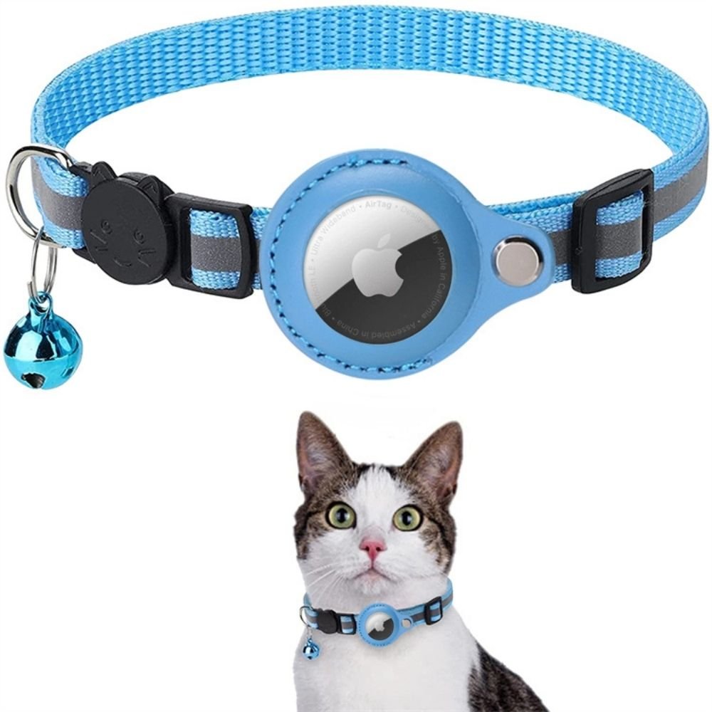 Cat collar featuring a built-in GPS tracker pocket, reflective design for visibility, quick-release safety lock, and a bell for added safety. 10
