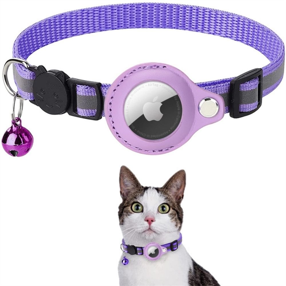 Cat collar featuring a built-in GPS tracker pocket, reflective design for visibility, quick-release safety lock, and a bell for added safety. 14