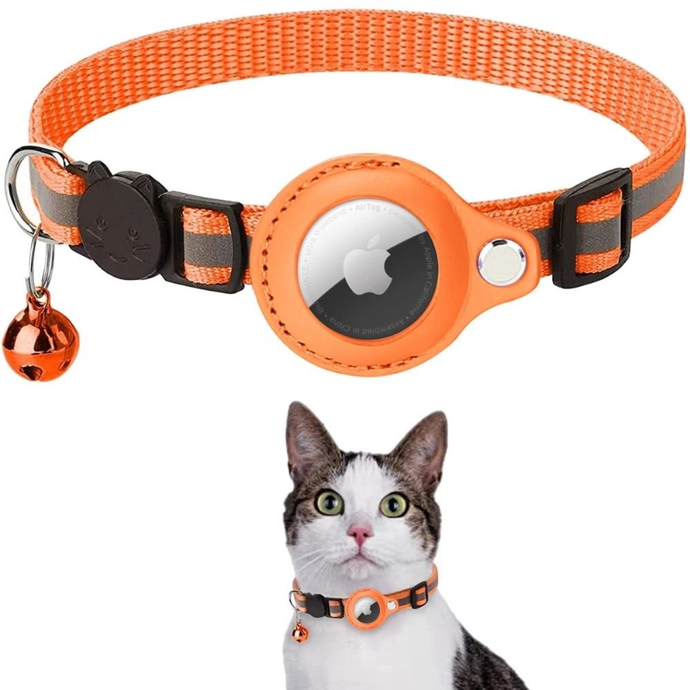 Cat collar featuring a built-in GPS tracker pocket, reflective design for visibility, quick-release safety lock, and a bell for added safety. 13