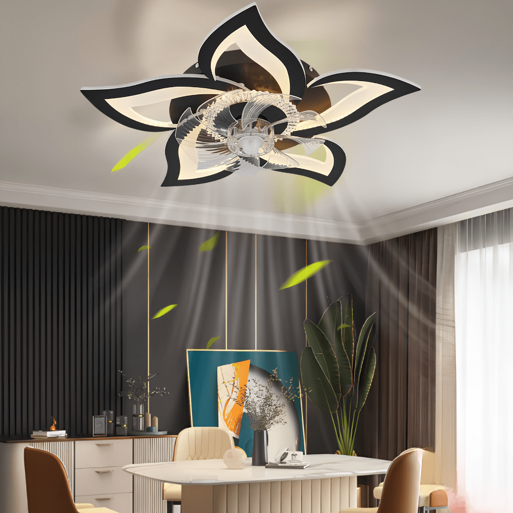 Ceiling fan with a modern flower design featuring a dimmable LED light and remote control, available in black and white finishes. 0
