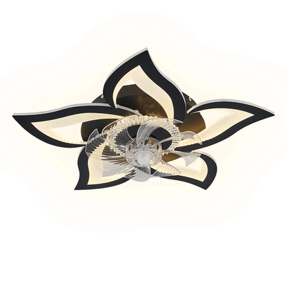 Ceiling fan with a modern flower design featuring a dimmable LED light and remote control, available in black and white finishes. 2
