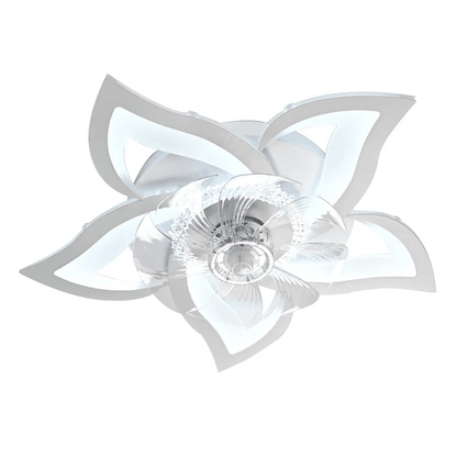 Ceiling fan with a modern flower design featuring a dimmable LED light and remote control, available in black and white finishes. 6