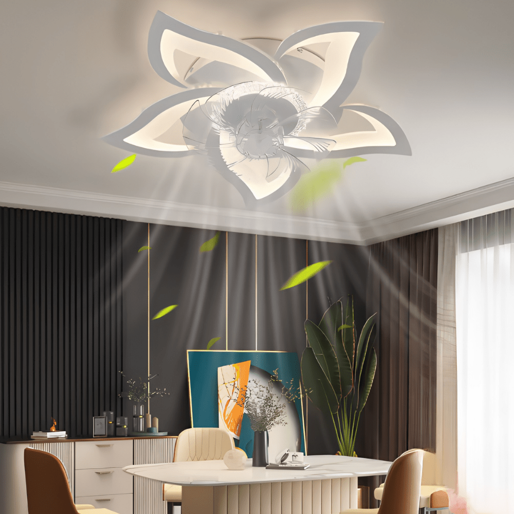 Ceiling fan with a modern flower design featuring a dimmable LED light and remote control, available in black and white finishes. 3