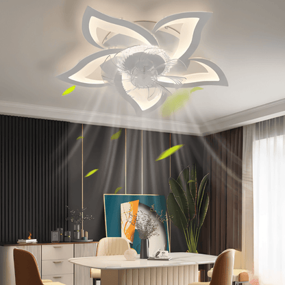 Ceiling fan with a modern flower design featuring a dimmable LED light and remote control, available in black and white finishes. 3