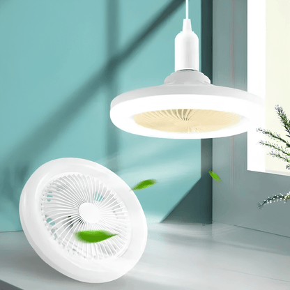 Ceiling fan with integrated LED light and remote control, featuring a sleek E27 white fixture, perfect for modern home decor and energy-efficient cooling. 1