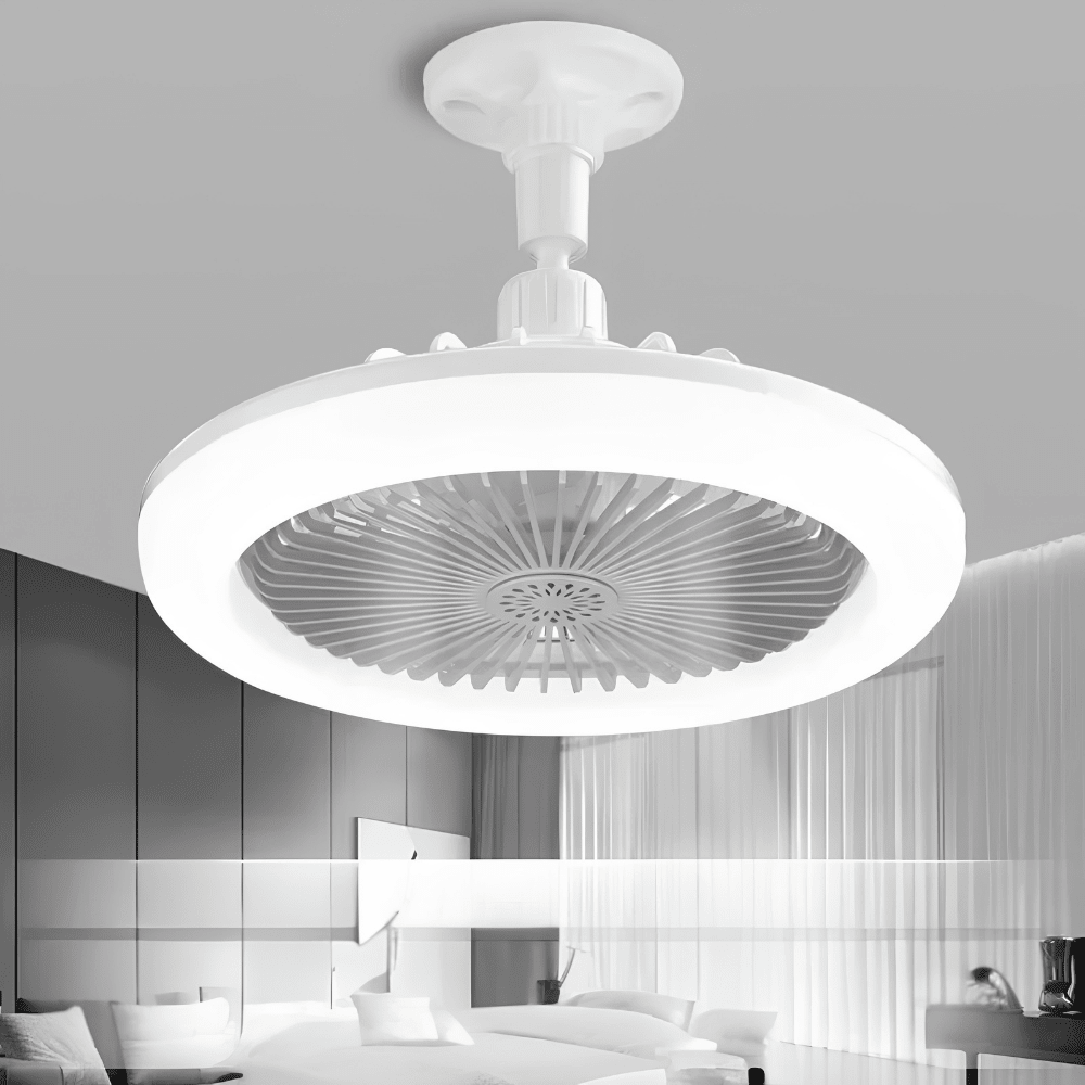Ceiling fan with integrated LED light and remote control, featuring a sleek E27 white fixture, perfect for modern home decor and energy-efficient cooling. 0